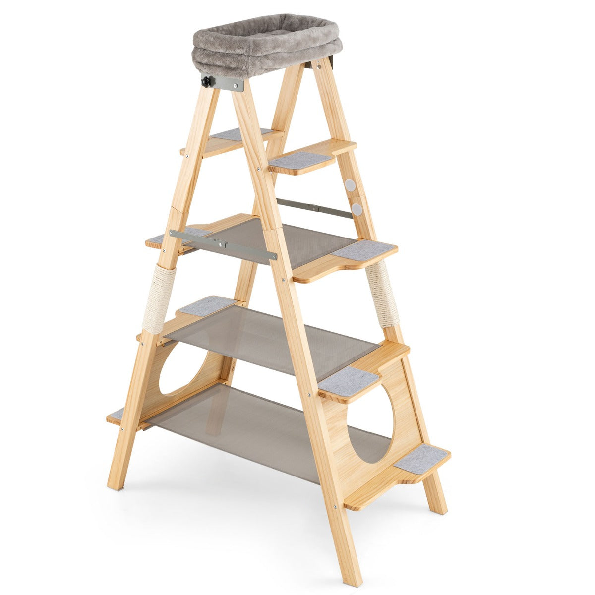 Albero moderno in legno massello di pino con cuscino imbottito e torretta superiore, Albero centro attivit¨¤ salvaspazio per gatti-Alberi Tiragraffi