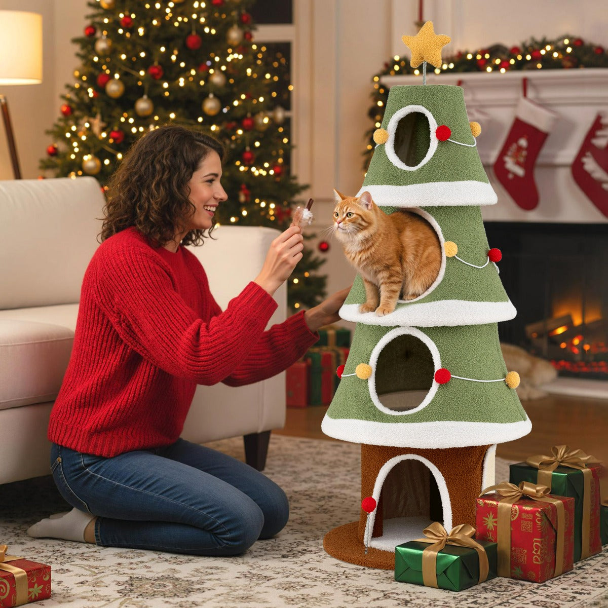 Albero di Natale per gatti con 4 condomini e tappeto sisal, Mobile per arrampicata da interno per animali 154 cm-Alberi Tiragraffi