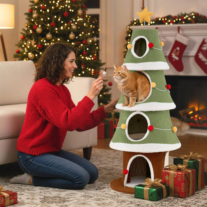 Albero di Natale per gatti con 4 condomini e tappeto sisal, Mobile per arrampicata da interno per animali 154 cm-Alberi Tiragraffi