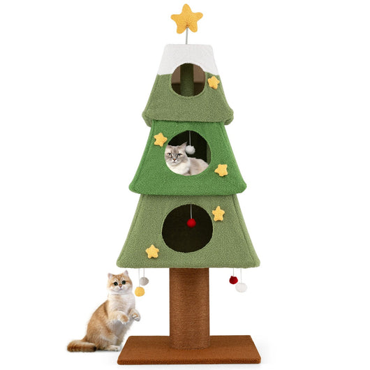 Grande albero di Natale per gatti con 3 condo e palo tiragraffi in sisal-Mobile da arrampicata a pi¨´ livelli per decorazione festiva