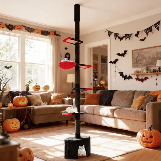 Albero per gatti da pavimento a soffitto regolabile 245-300 cm, Albero per gatti torre a 5 livelli con condo Nero-Alberi Tiragraffi