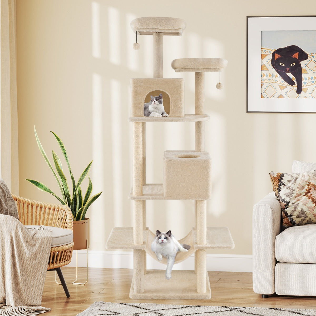 Albero per gatti 205cm torre multi-livello con 2 condomini, Albero per gatti 2 postazioni soffici Beige-Giochi e accessori per cani