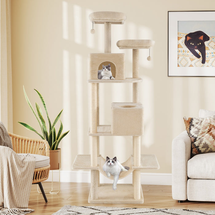 Albero per gatti 205cm torre multi-livello con 2 condomini, Albero per gatti 2 postazioni soffici Beige-Giochi e accessori per cani