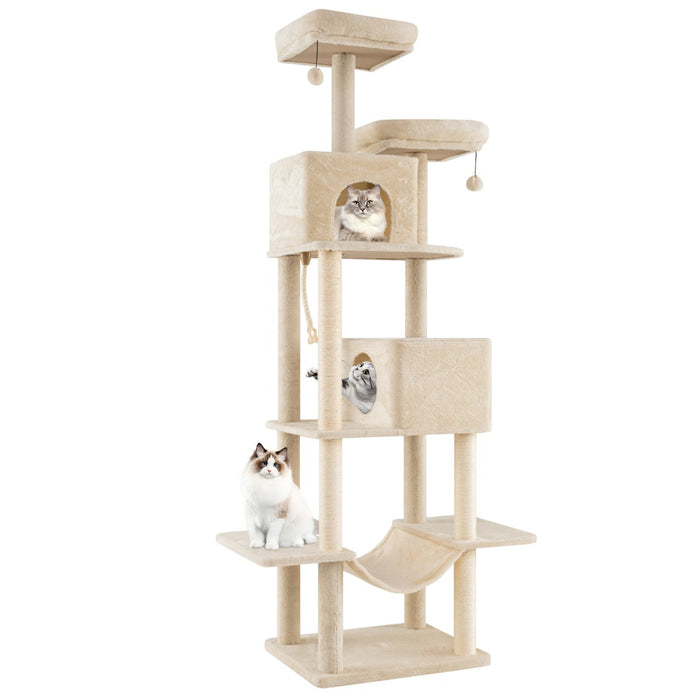 Albero per gatti 205cm torre multi-livello con 2 condomini, Albero per gatti 2 postazioni soffici Beige-Giochi e accessori per cani