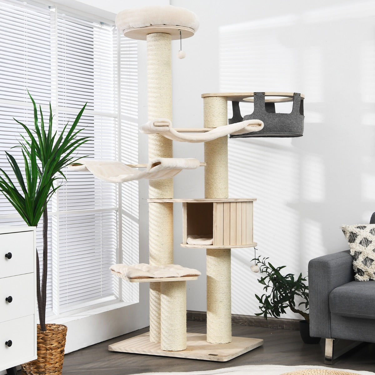 Albero per gatti alto 197cm con nicchia in legno amache e cestello sospeso, Torre per gatti a pi¨´ livelli Beige-Alberi Tiragraffi