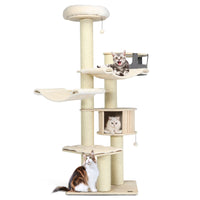 Albero per gatti alto 197cm con nicchia in legno amache e cestello sospeso, Torre per gatti a pi¨´ livelli Beige-Alberi Tiragraffi