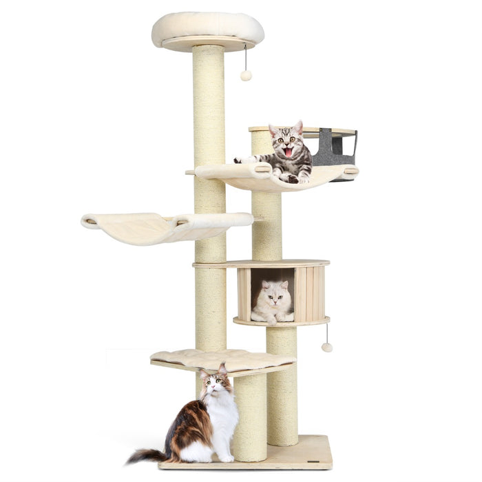 Albero per gatti alto 197cm con nicchia in legno amache e cestello sospeso, Torre per gatti a pi¨´ livelli Beige-Alberi Tiragraffi