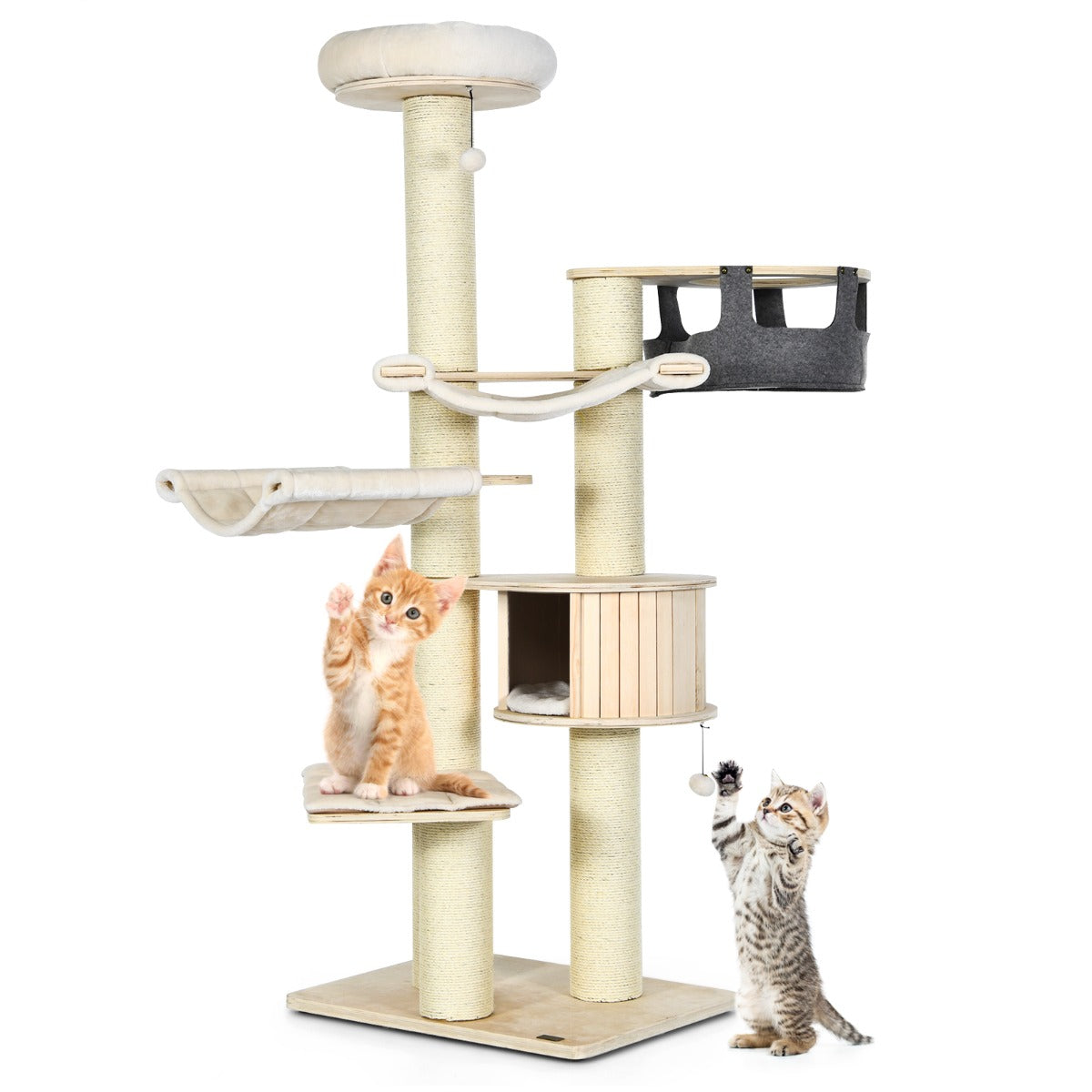 Albero per gatti alto 197cm con nicchia in legno amache e cestello sospeso, Torre per gatti a pi¨´ livelli Beige-Alberi Tiragraffi