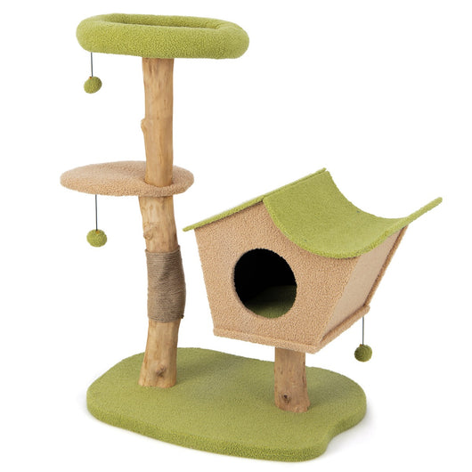 Albero per gatti da 110cm con cuccia imbottita tiragraffi piattaforma di salto, Torre per gatti in legno Verde-Alberi Tiragraffi