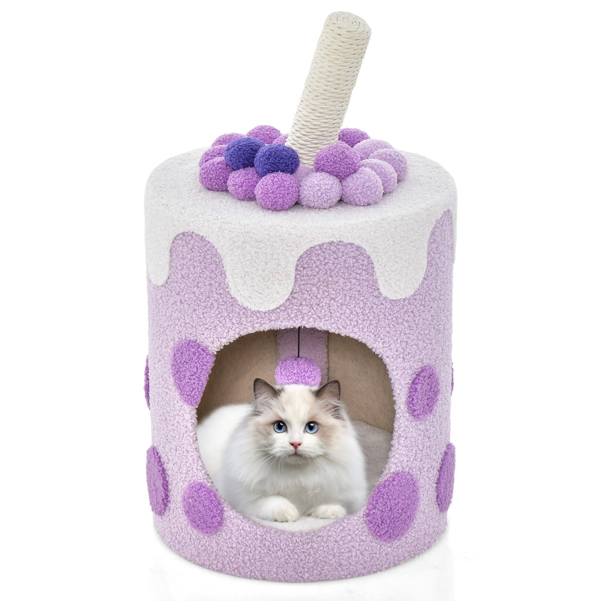 Albero per gatti a forma di bubble tea, Mobile per gatti con tiragraffi in sisal palline appese Viola-Alberi Tiragraffi