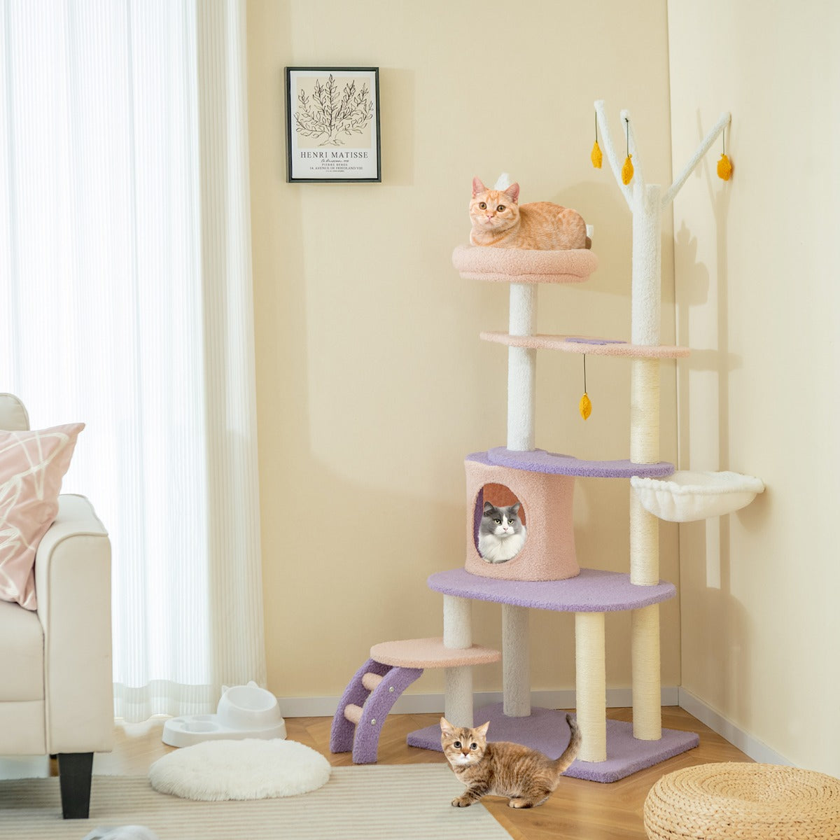 Albero per gatti carino con scala pali graffiati rivestiti di sisal, Torre per gatti multi-livello da 158cm Viola-Alberi Tiragraffi