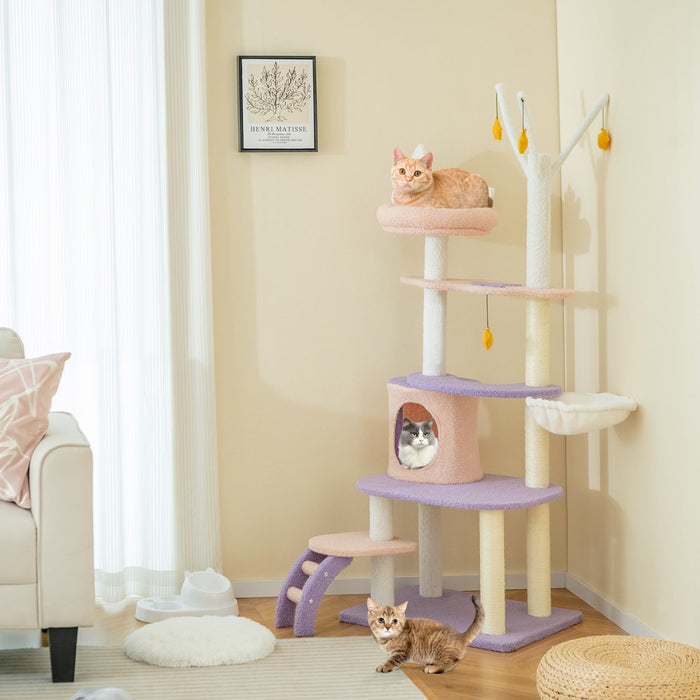 Albero per gatti carino con scala pali graffiati rivestiti di sisal, Torre per gatti multi-livello da 158cm Viola-Alberi Tiragraffi
