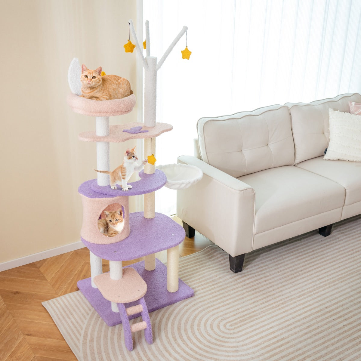 Albero per gatti carino con scala pali graffiati rivestiti di sisal, Torre per gatti multi-livello da 158cm Viola-Alberi Tiragraffi
