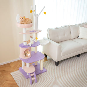 Albero per gatti carino con scala pali graffiati rivestiti di sisal, Torre per gatti multi-livello da 158cm Viola-Alberi Tiragraffi
