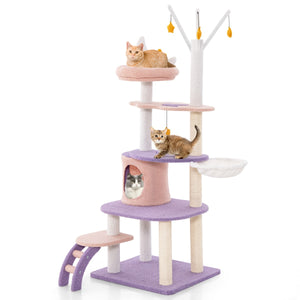 Albero per gatti carino con scala pali graffiati rivestiti di sisal, Torre per gatti multi-livello da 158cm Viola-Alberi Tiragraffi