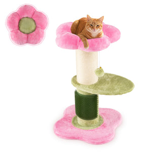 Albero per gatti 69 cm a forma di fiore con piedistallo imbottito in pile, Albero per gatti tiragraffi in sisal pallina appesa Rosa-Alberi Tiragraffi