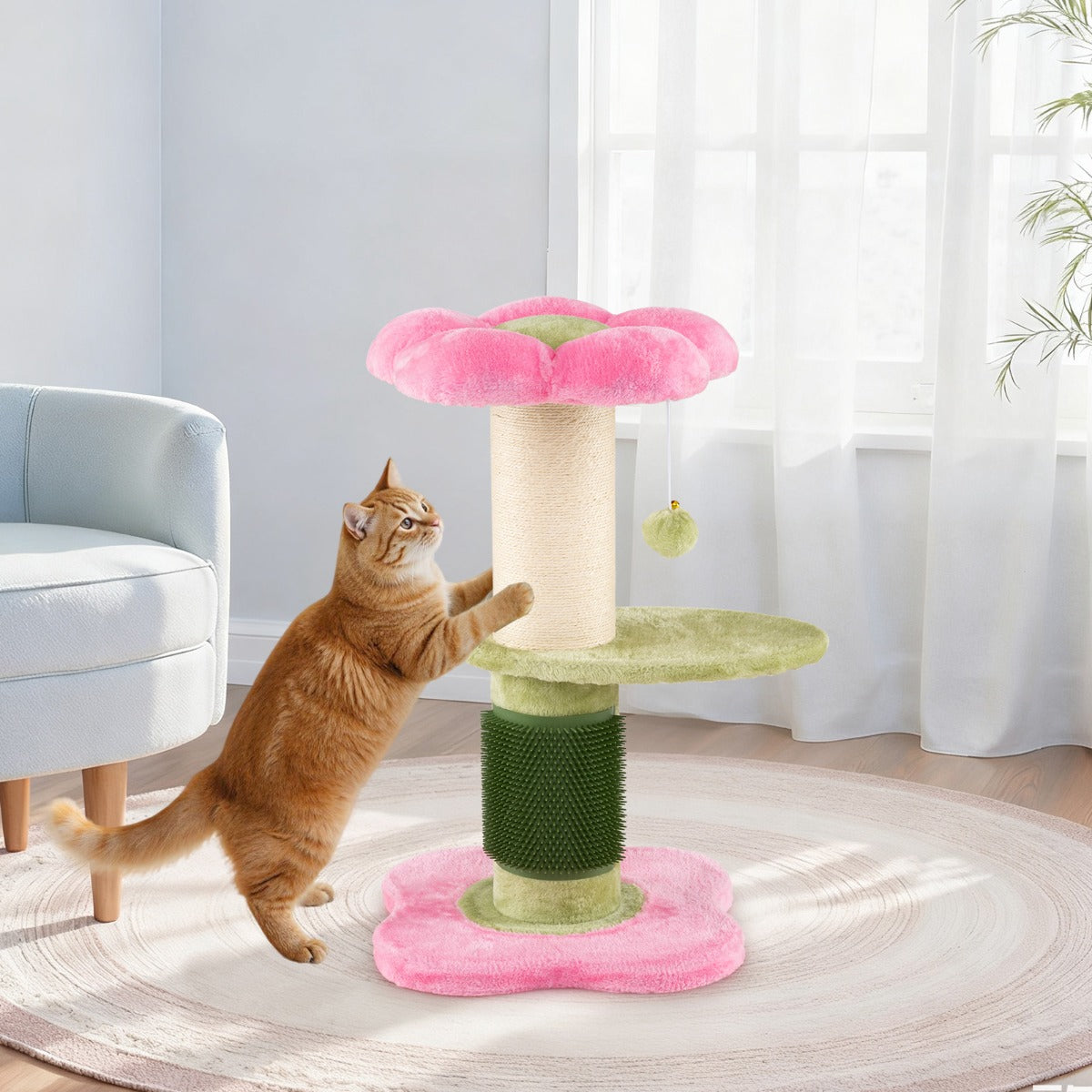 Albero per gatti 69 cm a forma di fiore con piedistallo imbottito in pile, Albero per gatti tiragraffi in sisal pallina appesa Rosa-Alberi Tiragraffi