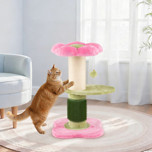 Albero per gatti 69 cm a forma di fiore con piedistallo imbottito in pile, Albero per gatti tiragraffi in sisal pallina appesa Rosa-Alberi Tiragraffi
