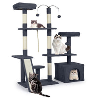 Albero per gatti 136 cm casa giochi multilivello con tiragraffi rampa, Albero per gatti 2 posatoi imbottiti ampio condo Grigio scuro-Alberi Tiragraffi