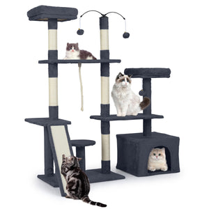 Albero per gatti 136 cm casa giochi multilivello con tiragraffi rampa, Albero per gatti 2 posatoi imbottiti ampio condo Grigio scuro-Alberi Tiragraffi