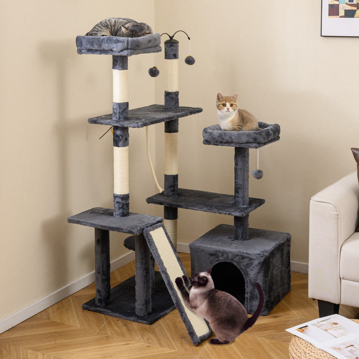 Albero per gatti 136 cm casa giochi multilivello con tiragraffi rampa, Albero per gatti 2 posatoi imbottiti ampio condo Grigio scuro-Alberi Tiragraffi