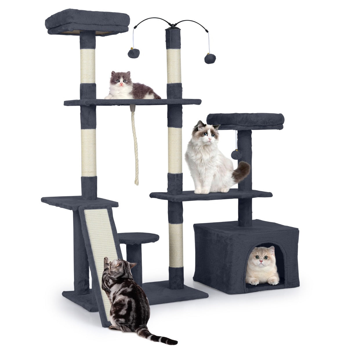 Albero per gatti 136 cm casa giochi multilivello con tiragraffi rampa, Albero per gatti 2 posatoi imbottiti ampio condo Grigio scuro-Alberi Tiragraffi