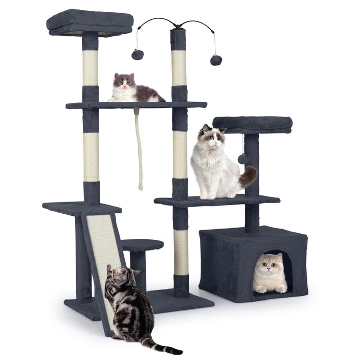 Albero per gatti 136 cm casa giochi multilivello con tiragraffi rampa, Albero per gatti 2 posatoi imbottiti ampio condo Grigio scuro-Alberi Tiragraffi
