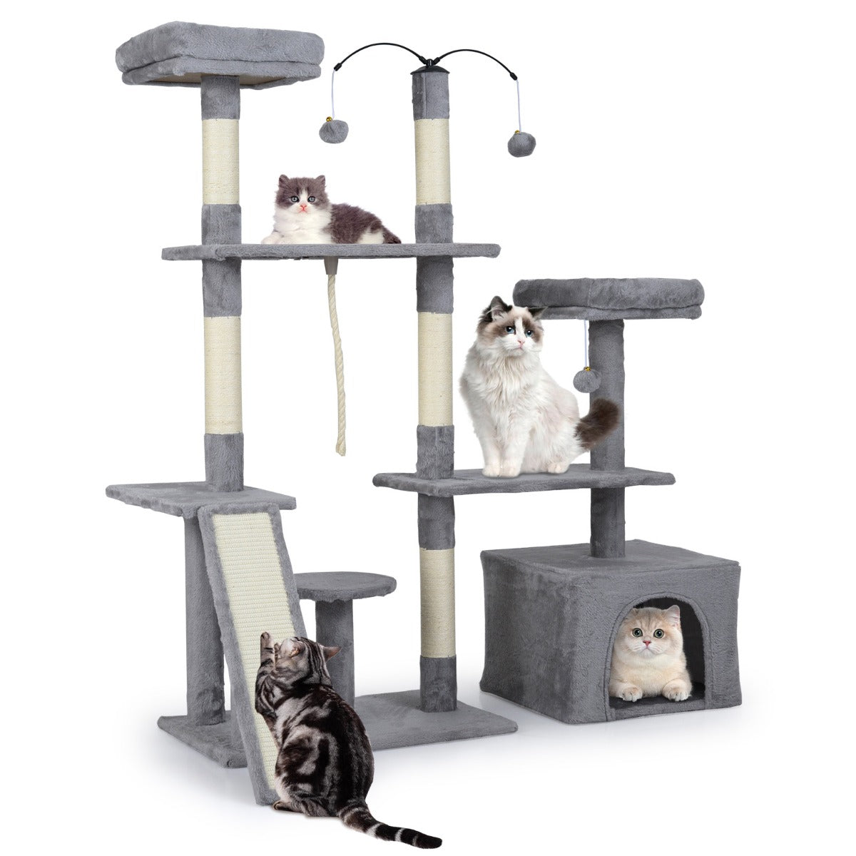 Albero per gatti 136 cm casa giochi multilivello con tiragraffi rampa, Albero per gatti 2 posatoi imbottiti ampio condo Grigio-Alberi Tiragraffi