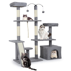 Albero per gatti 136 cm casa giochi multilivello con tiragraffi rampa, Albero per gatti 2 posatoi imbottiti ampio condo Grigio-Alberi Tiragraffi