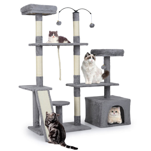 Albero per gatti 136 cm casa giochi multilivello con tiragraffi rampa, Albero per gatti 2 posatoi imbottiti ampio condo Grigio-Alberi Tiragraffi