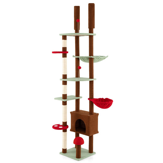 Albero per gatti da pavimento a soffitto altezza regolabile-Piante Decorative Albero per gatti torre fungo con condo e amaca Marrone