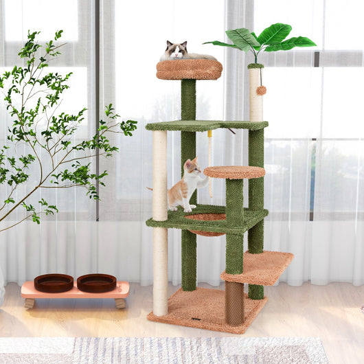 Albero per gatti 152cm con posatoio in peluche giocattolo appeso pianta finta, Tiragraffi per gatti in sisal Verde-Alberi Tiragraffi
