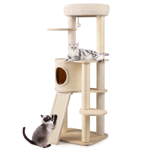 Torre per gattini in legno con 2 posti per grattare in sisal giocattolo sospeso-143 cm albero per gatti alto per animali domestici Naturale