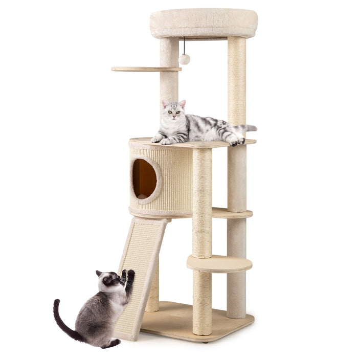 Torre per gattini in legno con 2 posti per grattare in sisal giocattolo sospeso-143 cm albero per gatti alto per animali domestici Naturale