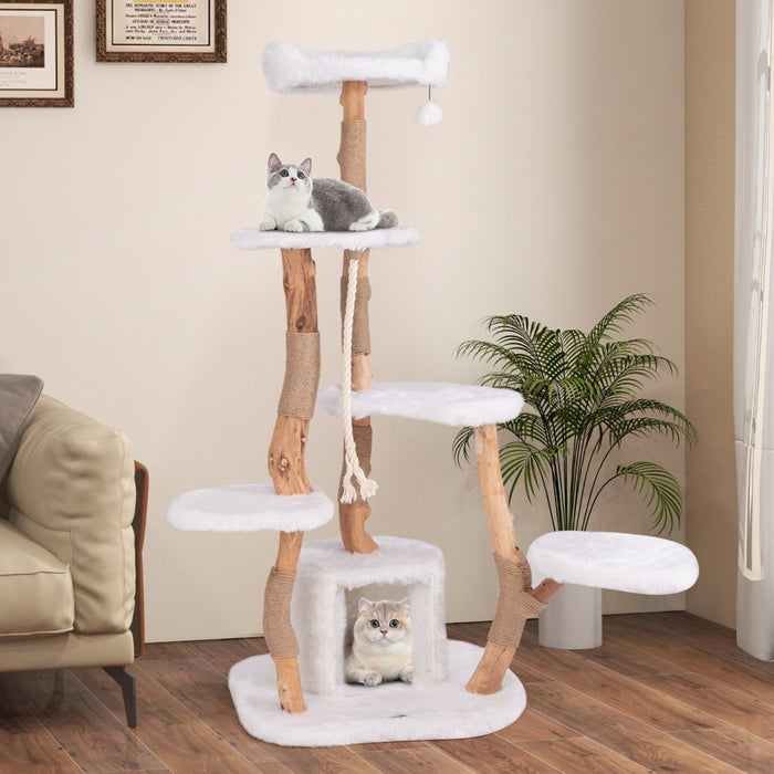 Albero per gatti alto 168cm in legno massello con trespolo pali per graffiare pallina, Torre moderna in legno per gatti Bianco-Alberi Tiragraffi
