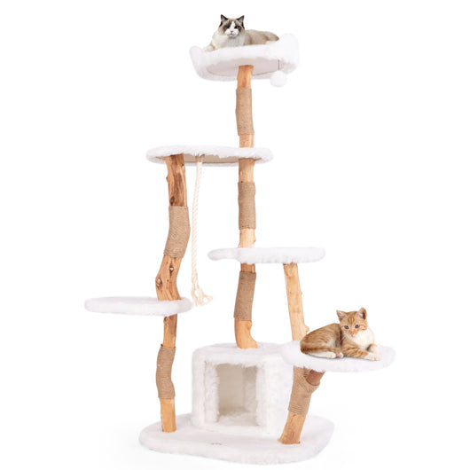 Albero per gatti alto 168cm in legno massello con trespolo pali per graffiare pallina, Torre moderna in legno per gatti Bianco-Alberi Tiragraffi