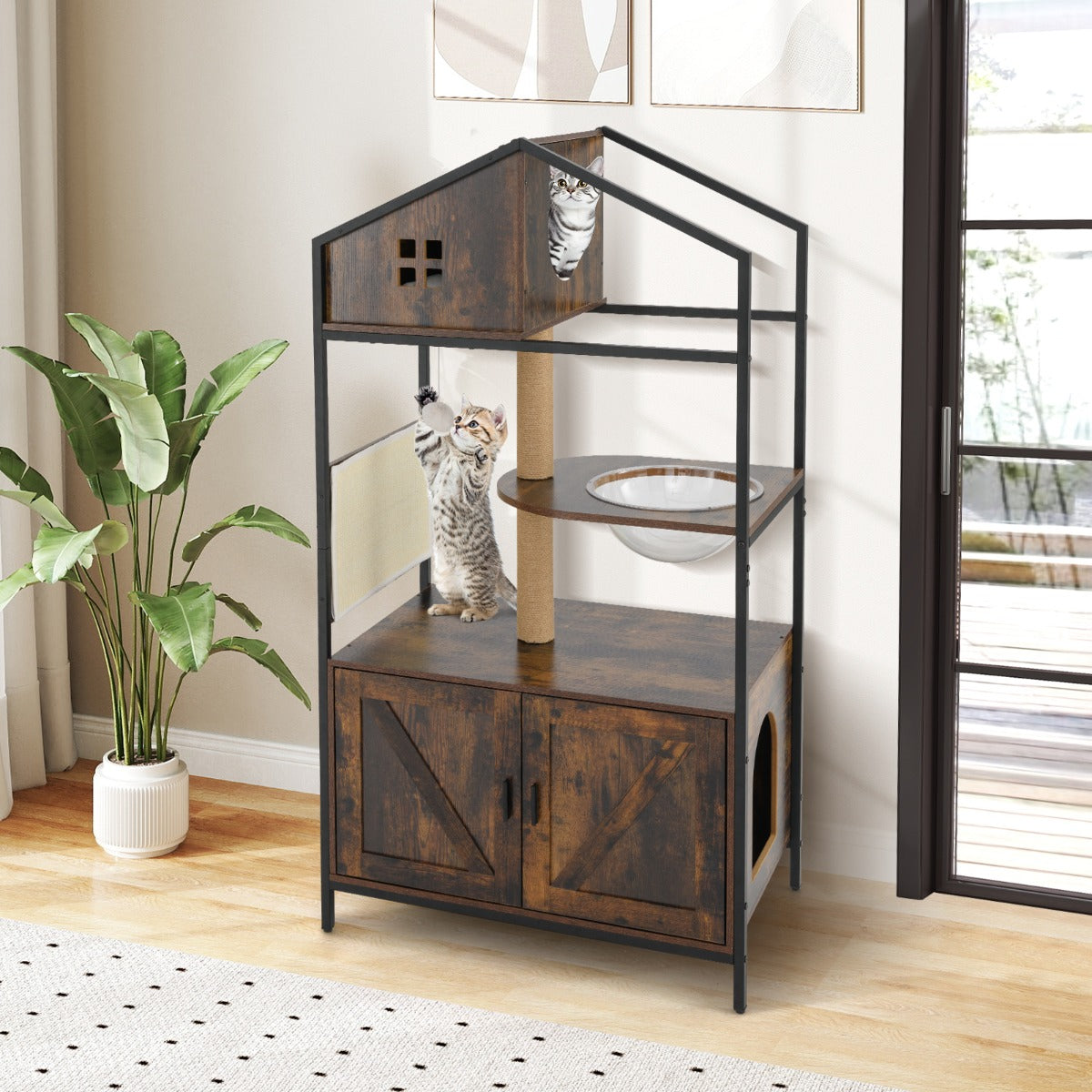 Albero per gatti con cabina lettiera e bagno nascosto torre a pi¨´ livelli con posti graffiare, Cuscino e capsule spaziale-Gatti