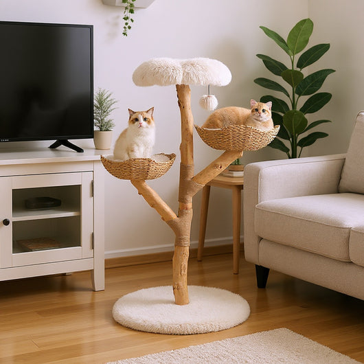 Torre per gattini alta 122 CM con ramo in legno con piattaforma a fiore 2 cesti in rattan, Moderno albero per gatti Bianco-Alberi Tiragraffi