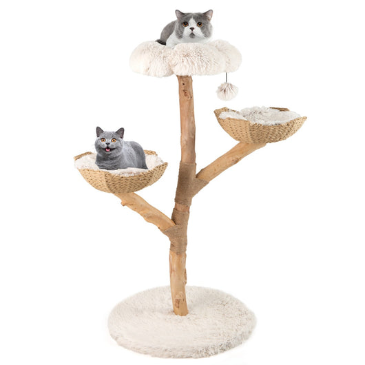 Torre per gattini alta 122 CM con ramo in legno con piattaforma a fiore 2 cesti in rattan, Moderno albero per gatti Bianco-Alberi Tiragraffi