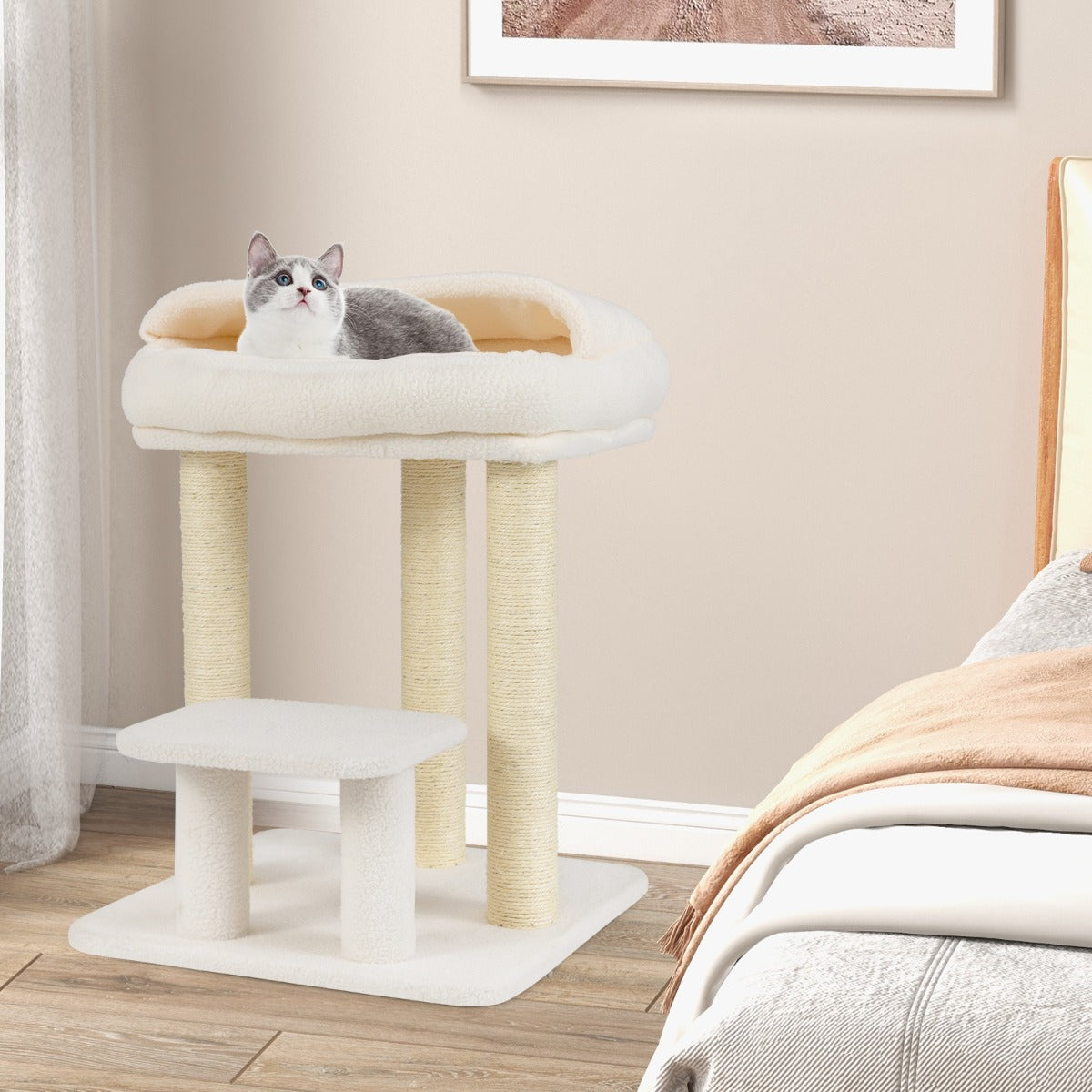 Torre per gattini con letto in peluche pali tiragraffi in sisal piattaforma per salto, Albero per gatti piccolo da interno Bianco-Alberi Tiragraffi
