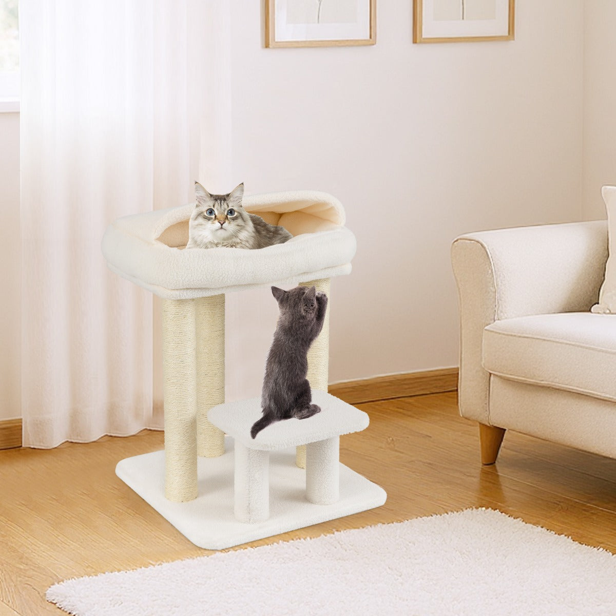 Torre per gattini con letto in peluche pali tiragraffi in sisal piattaforma per salto, Albero per gatti piccolo da interno Bianco-Alberi Tiragraffi