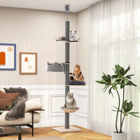 Albero per gatti da pavimento a soffitto con altezza regolabile da 236 a 271 cm, Torre per gatti in legno Grigio-Alberi Tiragraffi