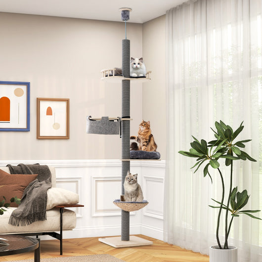 Albero per gatti da pavimento a soffitto con altezza regolabile da 236 a 271 cm, Torre per gatti in legno Grigio-Alberi Tiragraffi