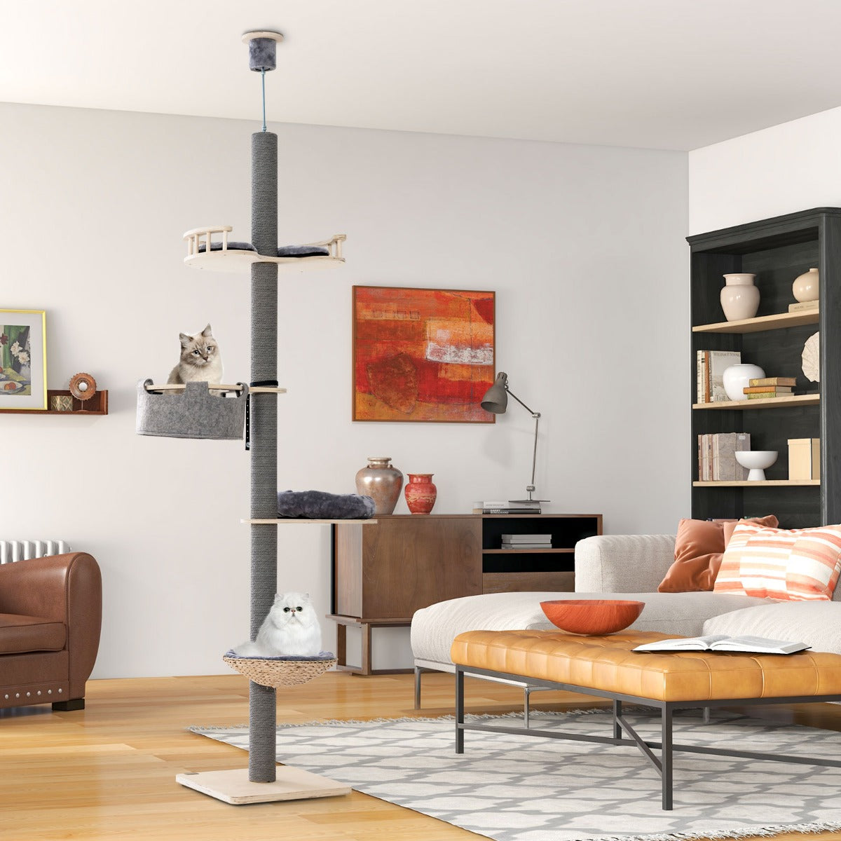 Albero per gatti da pavimento a soffitto con altezza regolabile da 236 a 271 cm, Torre per gatti in legno Grigio-Alberi Tiragraffi