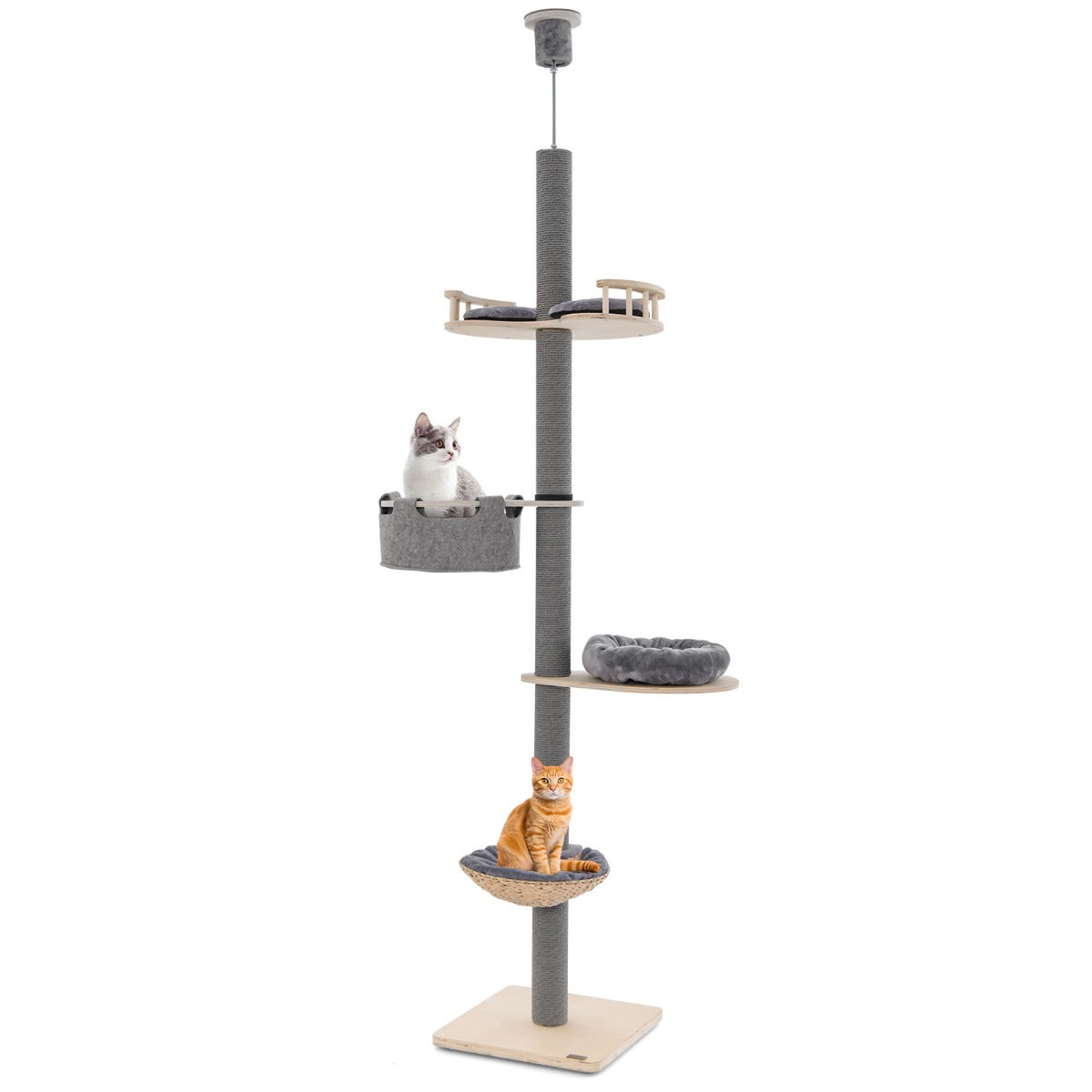 Albero per gatti da pavimento a soffitto con altezza regolabile da 236 a 271 cm, Torre per gatti in legno Grigio-Alberi Tiragraffi
