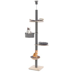 Albero per gatti da pavimento a soffitto con altezza regolabile da 236 a 271 cm, Torre per gatti in legno Grigio-Alberi Tiragraffi