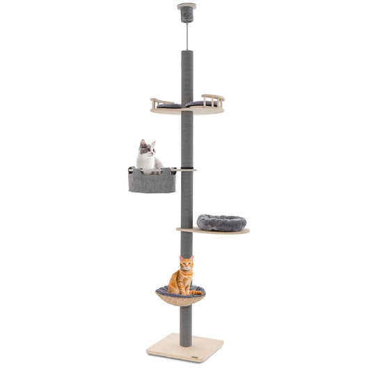 Albero per gatti da pavimento a soffitto con altezza regolabile da 236 a 271 cm, Torre per gatti in legno Grigio-Alberi Tiragraffi