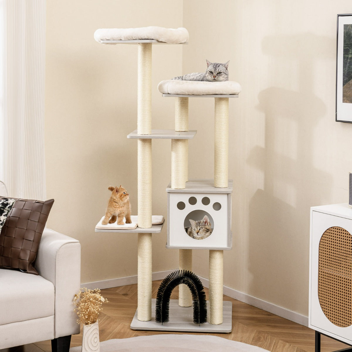 Albero tiragraffi per gatti con 2 trespoli in tessuto felpato arco massaggiante, Albero per gatti alto Grigio-Alberi Tiragraffi