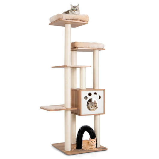Albero tiragraffi per gatti con 2 trespoli in tessuto felpato arco massaggiante, Albero per gatti alto Beige-Alberi Tiragraffi
