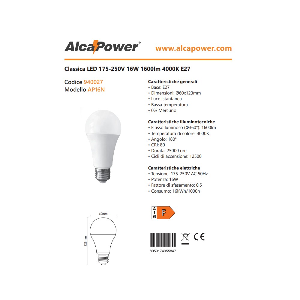 Alca power a60 16w 175-250v 1600lm 4000k e27 lampada classica a led
